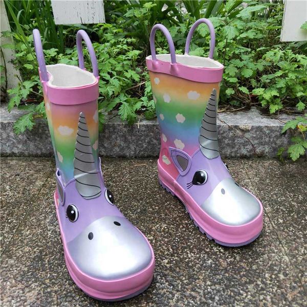 Stivali Nuovi stivali da pioggia per bambini unicorno Stivali di gomma per ragazza ragazzo Scarpe impermeabili per bambini Scarpe da acqua per bambini antiscivolo moda stampata cartone animato L0824