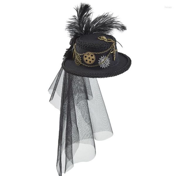 Partyversorgungen Steampunk Mini Top Hat Gear Kette Feather Cosplay mit Veil Halloween Hats Hair Clip