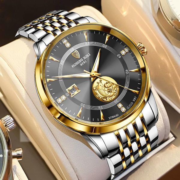 Relógios de pulso Lige Men assistem aço inoxidável de aço superior de recortes de luxo botão de luxo de luxo luminoso date luminoso relógios de pulso Relogio masculino