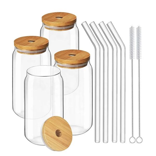 CA/USA Warehouse Hot Sale Hot Sale Cerveja de água em forma de lata Copo de 16 oz de copo com tampa de bambu e palha para smoothies, chá boba, água G0824