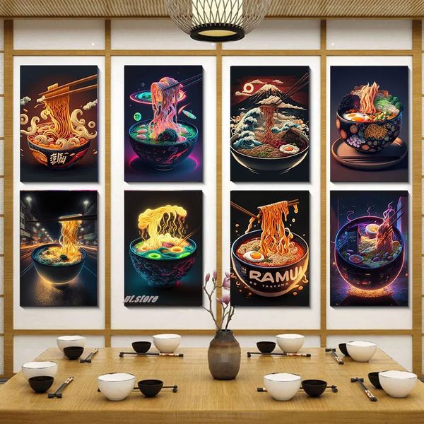 Leinwand Malerei japanische lamische Nudeln Sushi Food Cartoon Plakat und Drucke Wandkunst Ästhetische Bilder Life Bar Cafe Restaurant Küche Dekor wo6