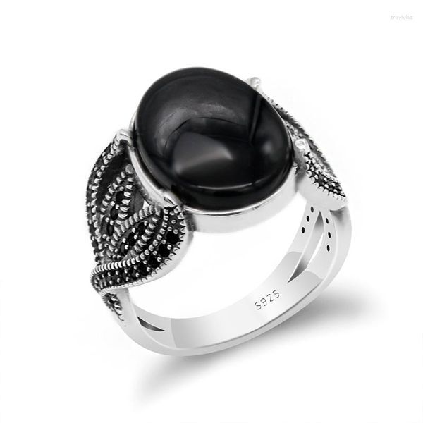 Кластерные кольца 925 серебряные серебряные кольцо с натуральным черным подарочным подарком оникса для мужа CZ Vintage Classic High Jewelry Turkey