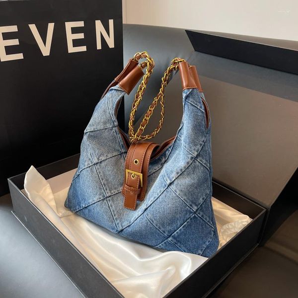 Omuz çantaları marka tasarımcısı denim ekose kapitone kadın çanta gündelik zincir kot crossbody büyük hobos çanta