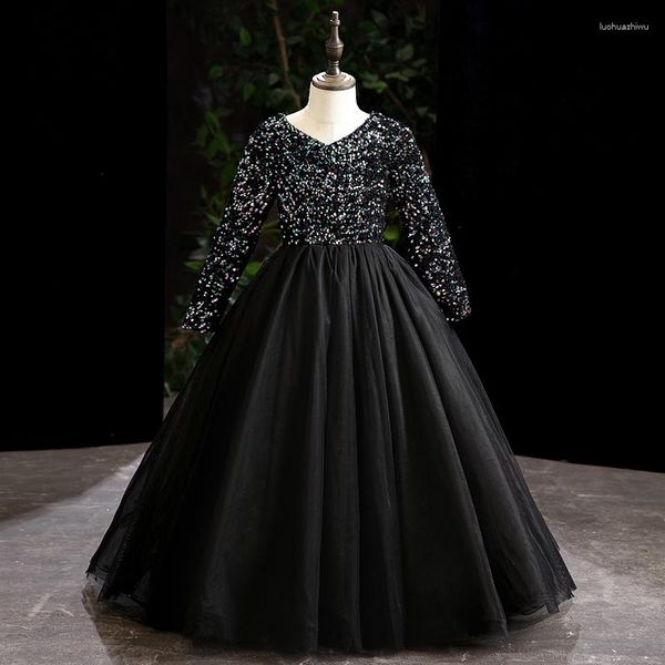 Девушка платья вечернее платье черное модное блески v-образное плитное платье с плиткой Империя полные рукава с длина пола цветок B1793