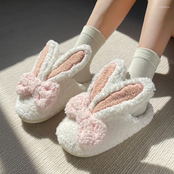 Slippers Big Ear Cotton Home for Women 2023 Inverno Cute Cartoon Girl Heart Plush feminino