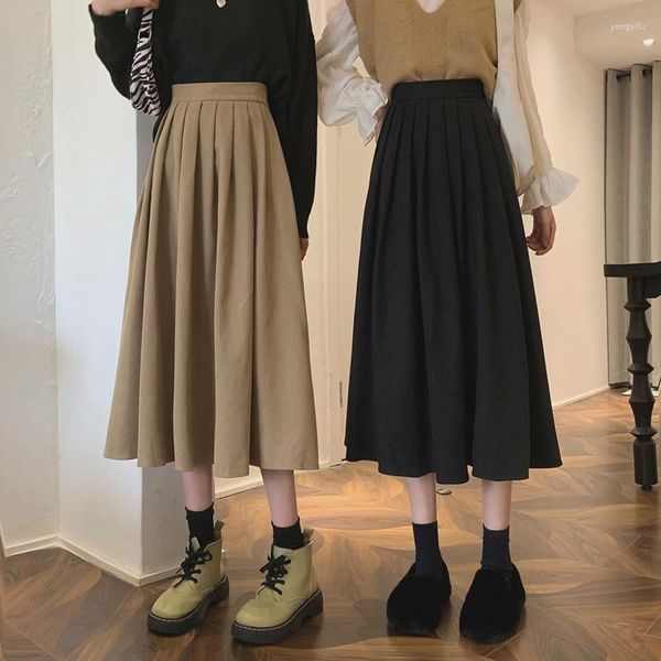 Röcke Chun Chen High Taille Faltenrock Frauen koreanischer eleganter College-Stil Midi Damen Herbst Winter Dicke A-Linie