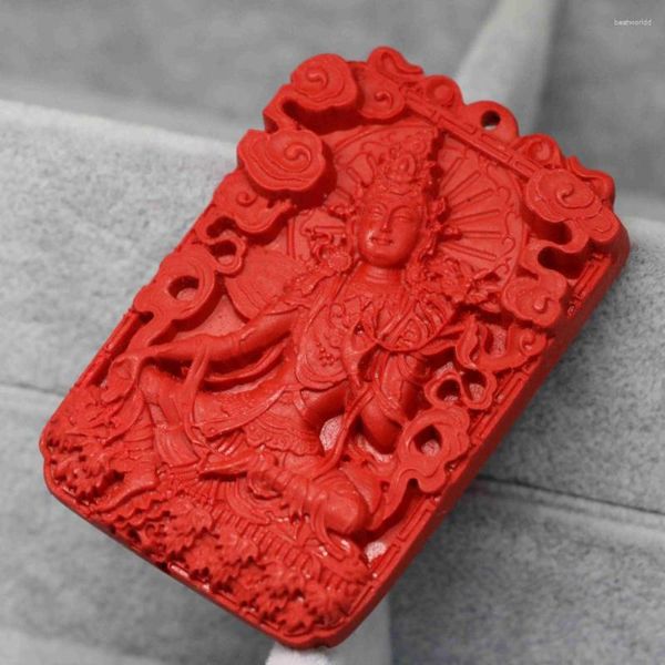 Colares pendentes Taiwan Red Cinnabar Bênção esculpida Bênção Buda Retângulo Fit Chain Jóias 38 59mm B1531