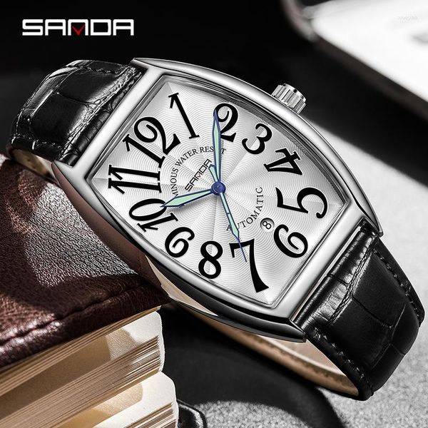 Relógios de punho Sande Top Brand Men's Watches Moda Automático Pulso Mecânico para homens Ponteiro de couro impermeável à prova d'água