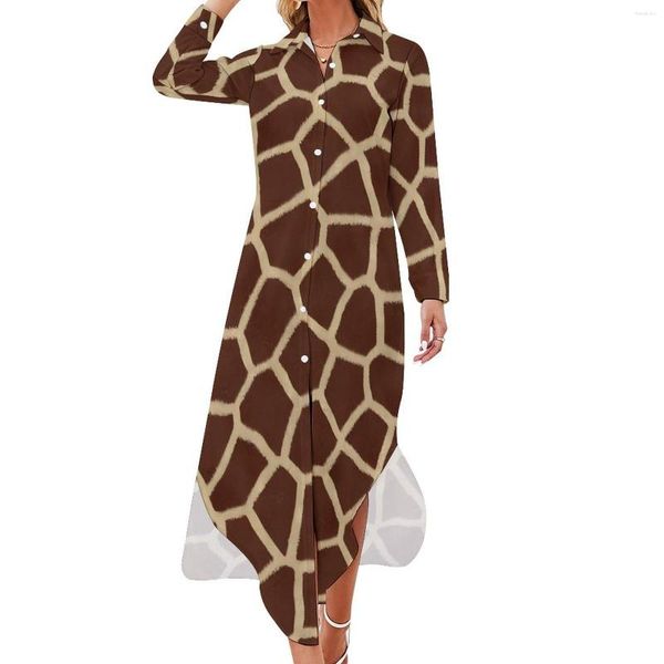 Lässige Kleider brauner Giraffekleid Tierdruck ästhetische Langarm Elegante Frauen gegen Hals Custom großer Größe Chiffon