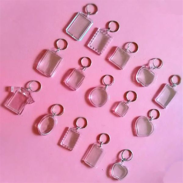 50pcs lote retângulo de coração redondo estilos redondos transparentes de acrílico em branco Po Picture Picture Keyring Keychain DIY Split Ring Gift2646