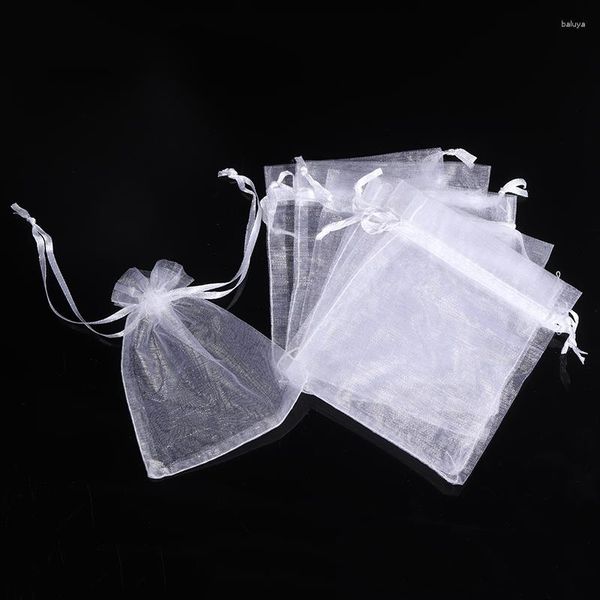 Embrulho de presente 100pcs amarrar triturador claro saco de armazenamento de organza pequena jóias de joias bolsas de bolsa de bolsas de casamento branco a favor