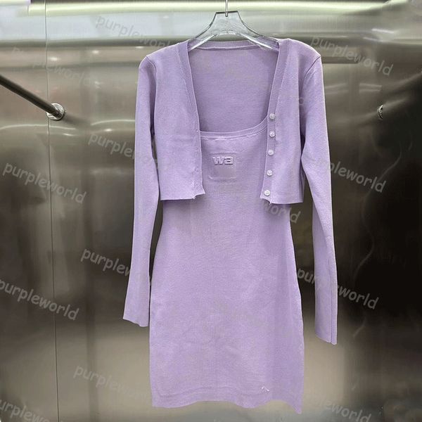 Vestido casual feminino de duas peças conjunto de vestido de malha simples cardigã de malha de malha comprida