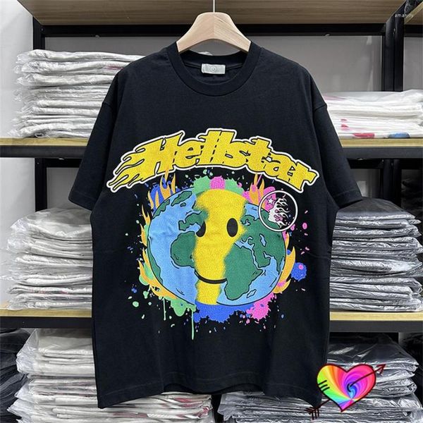 Camisetas masculinas de 2023sss Logo Amarelo Hellstar Smile Tee Homens Mulheres Rachaduras Imprimir T-shirt High Street Tops de manga curta preta