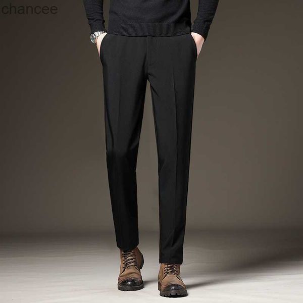 Primavera do verão masculino calças de negócios esbelto da cintura elástica preto cinza clássico coreano masculino plus size 27-38 40 42lf20230824.
