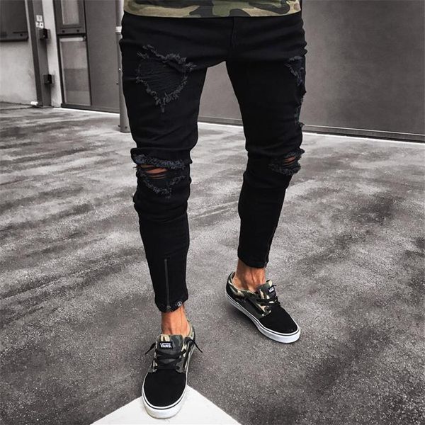 MENS Cool Designer Brand Jeans Black Jeans Skinny strappato Stretch Slim Fit Hop pantaloni hop con buchi per Men241Y