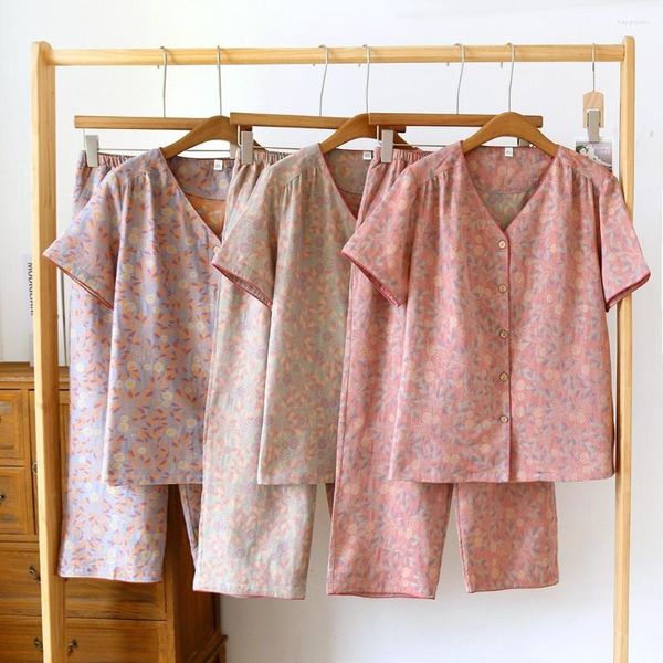 Женская одежда для сна хлопка жаккардовый цветочный печатный дамский кардиган пижамы насыщенные тонкие тонкие брюки с длина длина v-образных