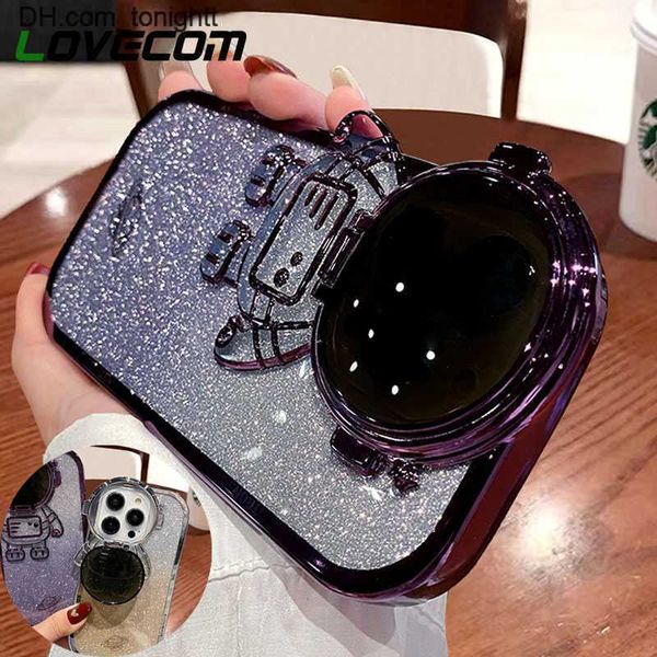 Glitter astronauta câmera suporte caso de telefone para iphone 14 13 12 11 pro max xr 14 plus lente invisível suporte chapeamento capa macia q230824