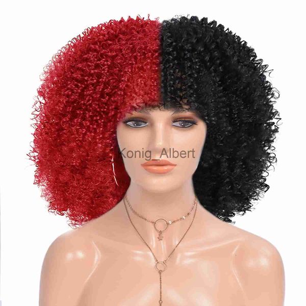 Perucas sintéticas meio preto meio branco peruca cosplay perucas sintéticas curtas afro kinky encaracolado perucas com franja para mulheres resistentes ao calor cabelo natural x0824