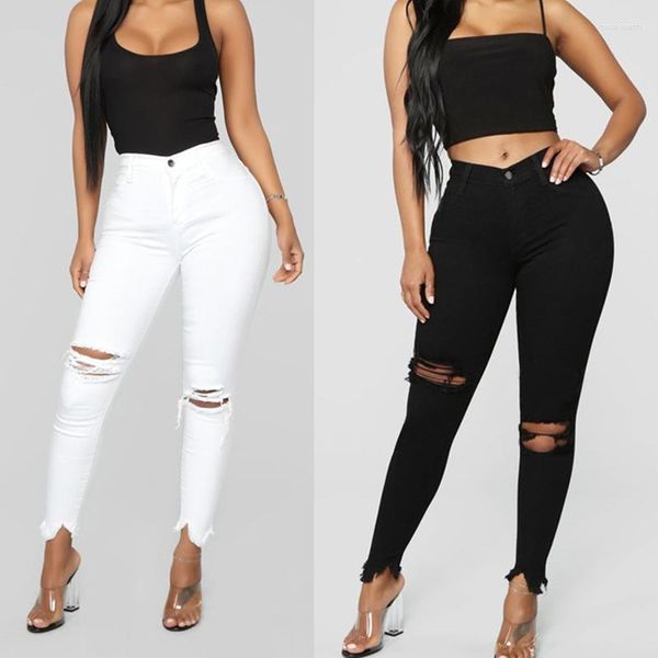 Jeans femininos Branco rasgado skinny 2023 Summer Mulheres moda mana cintura alta mulher mulher sexy buraco de joelho destruído calças jeans