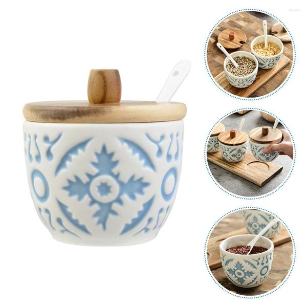 Conjuntos de louça de cerâmica Condimento Jar Recipiente Caixa de tempero de porcelana com tampa de madeira Colher Açúcar Tigela Japonesa Estilo Chinês para Cozinha