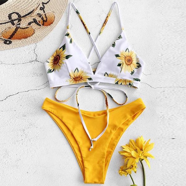 Da bagno da bagno da bagno girasole stampato in bikini set sexy women mujer push up up imboding bibicini bagni costume da bagno con bandage raduna il costume da bagno 2023