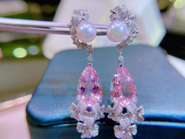 Brincos pendurados h609 joias finas real puro 18k ouro branco au750 natural rosa morganite pedra preciosa 9.8ct gota para mulheres