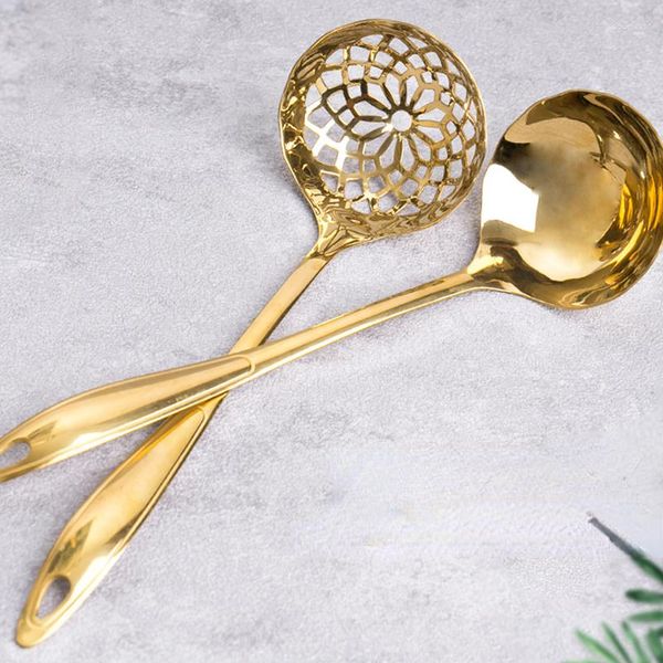 Löffel kommerzieller Langgang Pot Spoon Edelstahlsuppe undichtes Golden zwei in einem Set groß für Koch