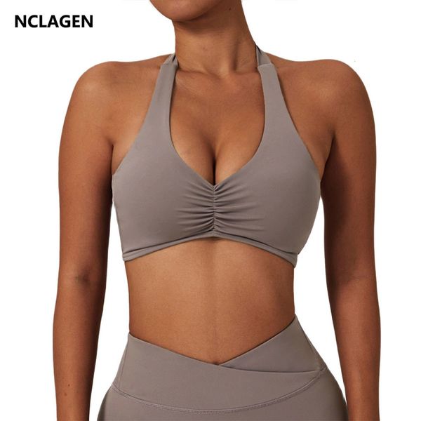 Camisoles Tanques NCLAGEN Mulheres Halter Sports Bra Alto Suporte Impacto Ruched Fitness Gym Yoga Top Workout Roupas Pushup Corset Acolchoado Activewear 230824