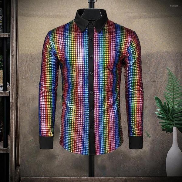 Camicie da uomo camicia da uomo camicia da paillettes collare collare a petto singolo a petto vintage a maniche lunghe club a maniche lunghe