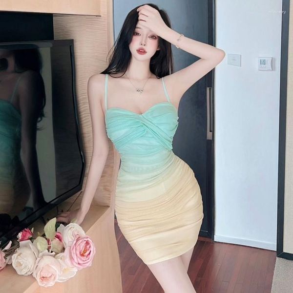 Casual Kleider Sommer Falten Trägerlosen Elastischen Gradienten Spaghetti Strap Kleid Frauen Slim Mantel Mesh Damen Kurze Mini Bodycon Vestidos