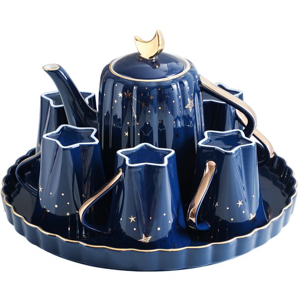 Tazze Luce di lusso Stella Luna Tema Cina Osso Tazza in ceramica Teiera Set Caffè di alta qualità Bordo dorato Confezione regalo 230824