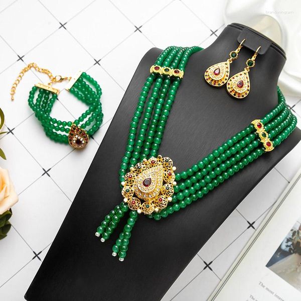 Brincos de colar Conjunto de vestidos de noiva vintage Bracelet de jóias de jóias verdes de miçangas de água feita à mão pendente para mulheres