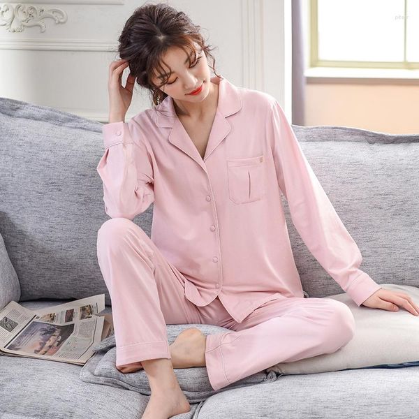 Momente para dormir cor de sono sólido algodão completo outono de inverno pijama conjunto feminino casual manga longa lapela cardigan pijamas roupas caseiras femininas