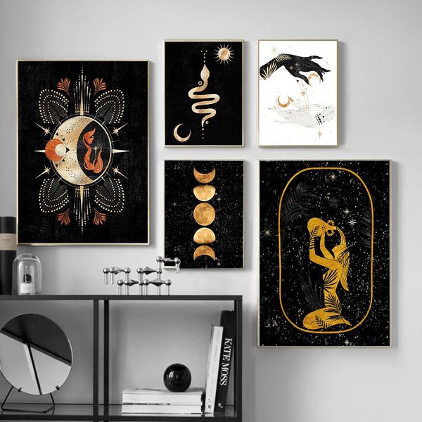 Gemälde schwarze Hexen Magie Kunstmalerei Geschenke Mond Phasen Mermaid Handplakate und Drucke Mitte des Jahrhunderts Leinwand Wall Bilder Home Decor 230823