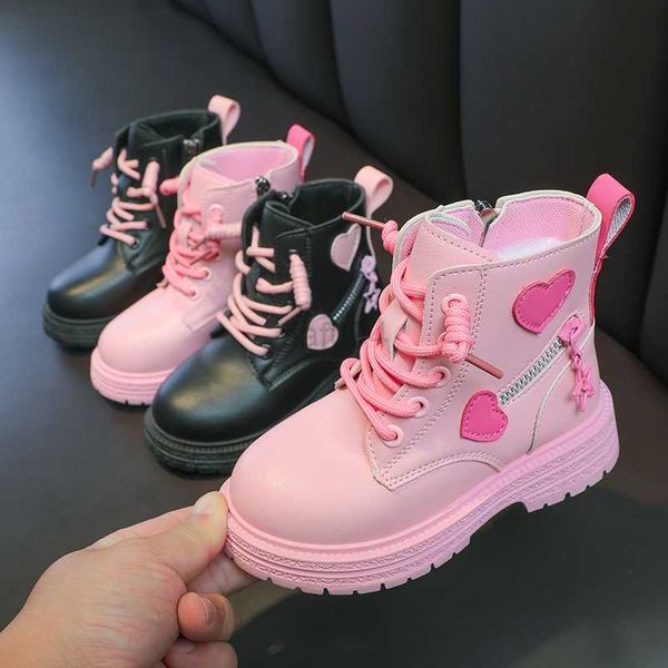 Boots Girls Fashion Универсальный случайный корейский стиль, украшение сердца, дети сладкая принцесса 2023 Весна и осень Новые ботинки с лодыжкой без скольжения L0824