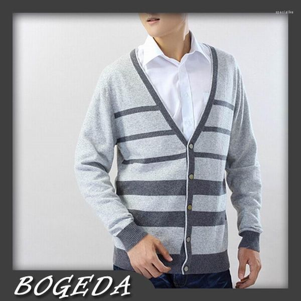 Camisolas de caxemira de caxemira masculino Cardigan / pescoço cinza estilo listrado estilo de alta qualidade