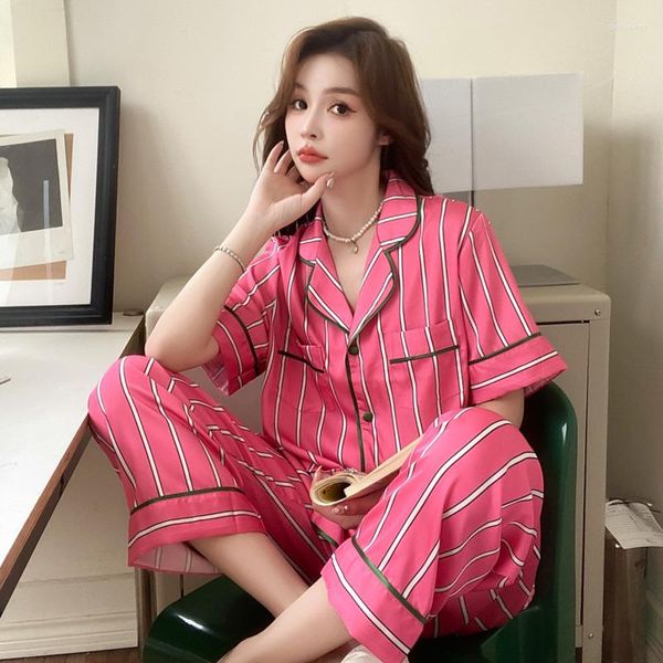 Weibliche Nachtwäsche 2023 Sommerpyjamas ICE Seidenstar Stil Pink Striped Home Set Anzug