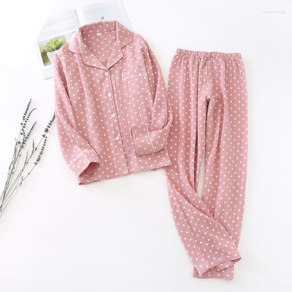 Frauen Nachtwäsche Frühling und Herbst Männer Frauen Liebhaber Pyjamas Set Dot gedruckt einfacher Stil Turndown Collar Sleepweear Full Cotton Homewear