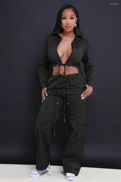 Женские брюки с двумя частями в осеннем рукаве с задним топом без спинки и карманы наряды женщины сексуальные V -шейные кружев