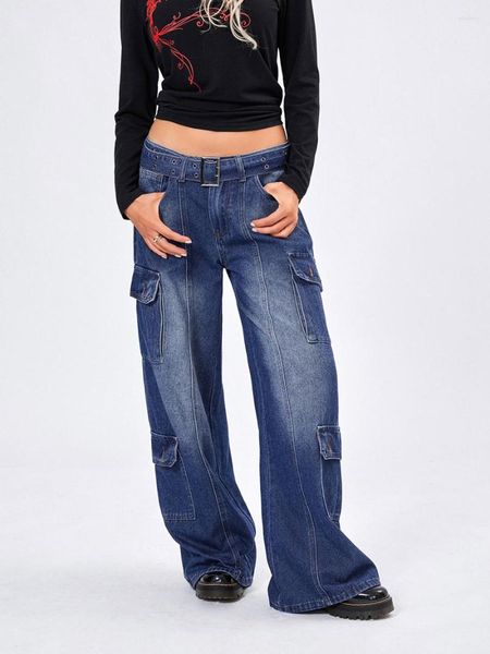 Calça feminina Mulheres de cintura alta Denim de perna larga Y2K Baggy Baggy Borda Jeans esticam calças de fundo de campainha