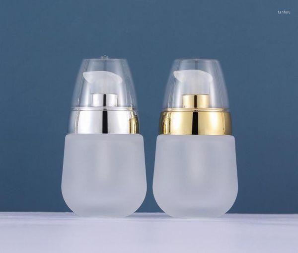 Bottiglie di stoccaggio 30ml Lozione portatile in vetro trasparente smerigliato Toner cosmetico Bottiglia di siero Coperchio in argento dorato Forniture per accessori per trucco di bellezza