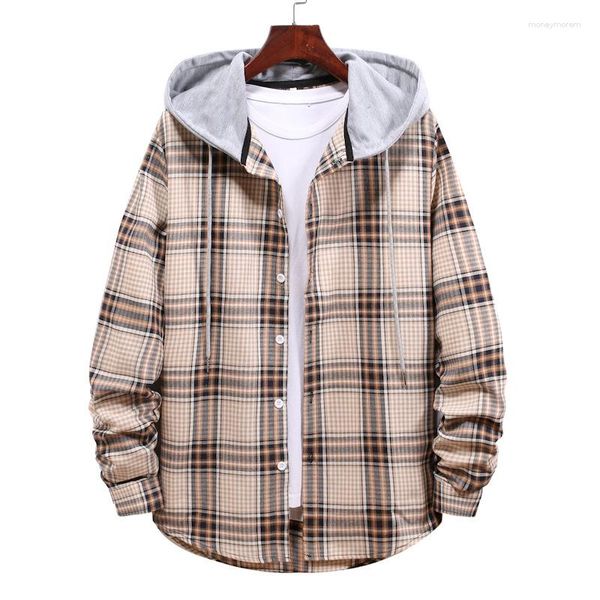 Мужские капюшоны Luclesam Mens Plaid -рубашки 2023 Классическая сплайсинговая капюшона мужская модная уличная одежда Шотландская готовая