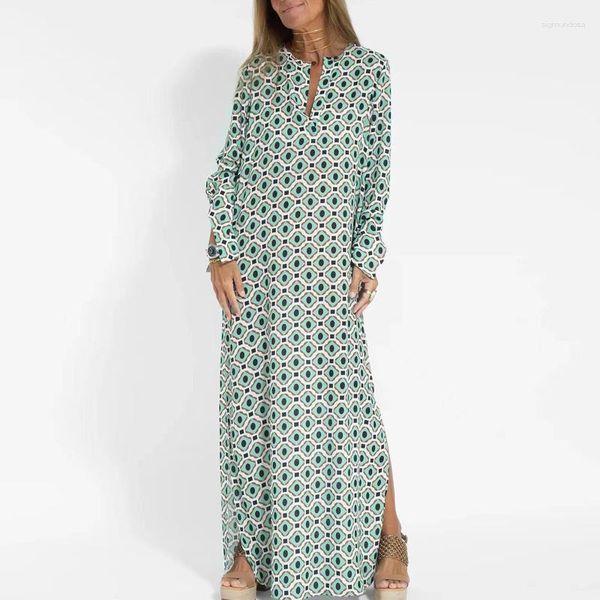 Lässige Kleider Retro Frauen Maxi Kleider Springdruck Geometrie Muster Langarm Elegante Dame sexy Deep V Halsschlitz Bohemian