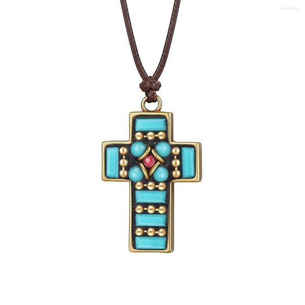 Anhänger Halsketten religiöse Nepal Perlen Halskette Kupferkreuz für Männer Unisex verstellbare Lederseilketten Gebet Schmuck Schmuck