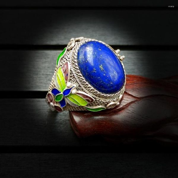 Rings de cluster exclusivos S925 Sterling Silver Inclaid Lapis Lazuli Ladies Rock Personalidade Original Arte Versátil Chinesa Tradicional Artesanato