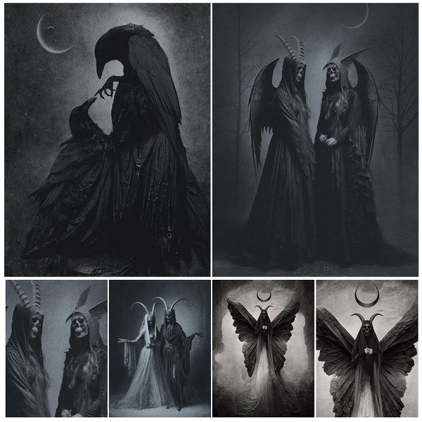 Paintings Lady Crow Hell Demon Baphomet Vintage Wall Art Canvas Painting Abstract Black Magic And Wiccan Art Poster Print Home Decoration 230823