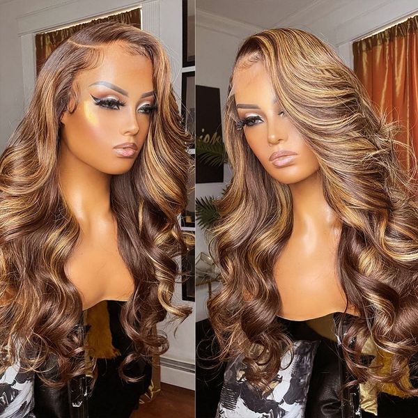 Destaque 13x6 HD Lace Frontal Body Wave 4/27 ombre Remy Brasil Remy Human Human Wigs com Bang 32 polegadas 13x4 Frente de renda para mulheres