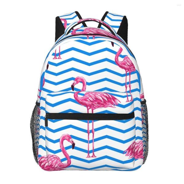 Backpack School Bag for Girls Boys Laptop Backbag Children Chevrons Geométrico com pacote de flamingos rosa