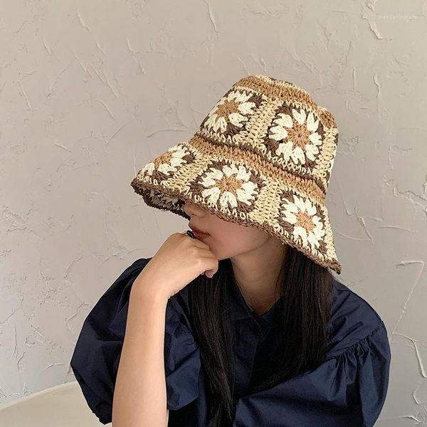Beretti Donne a fiori cavi Cappello pescatore a maglia Holloted HACCHET Crochet Matching Secket Summer Sunier Sun Hats Female Panama