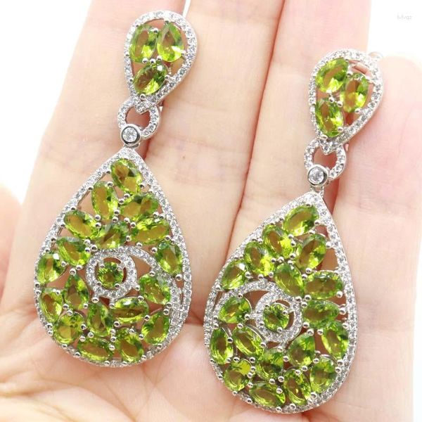 Brincos de balanço 58x25mm Green Peridot Golden Citrine Pink Morganite Jóias CZ para Mulher Silver